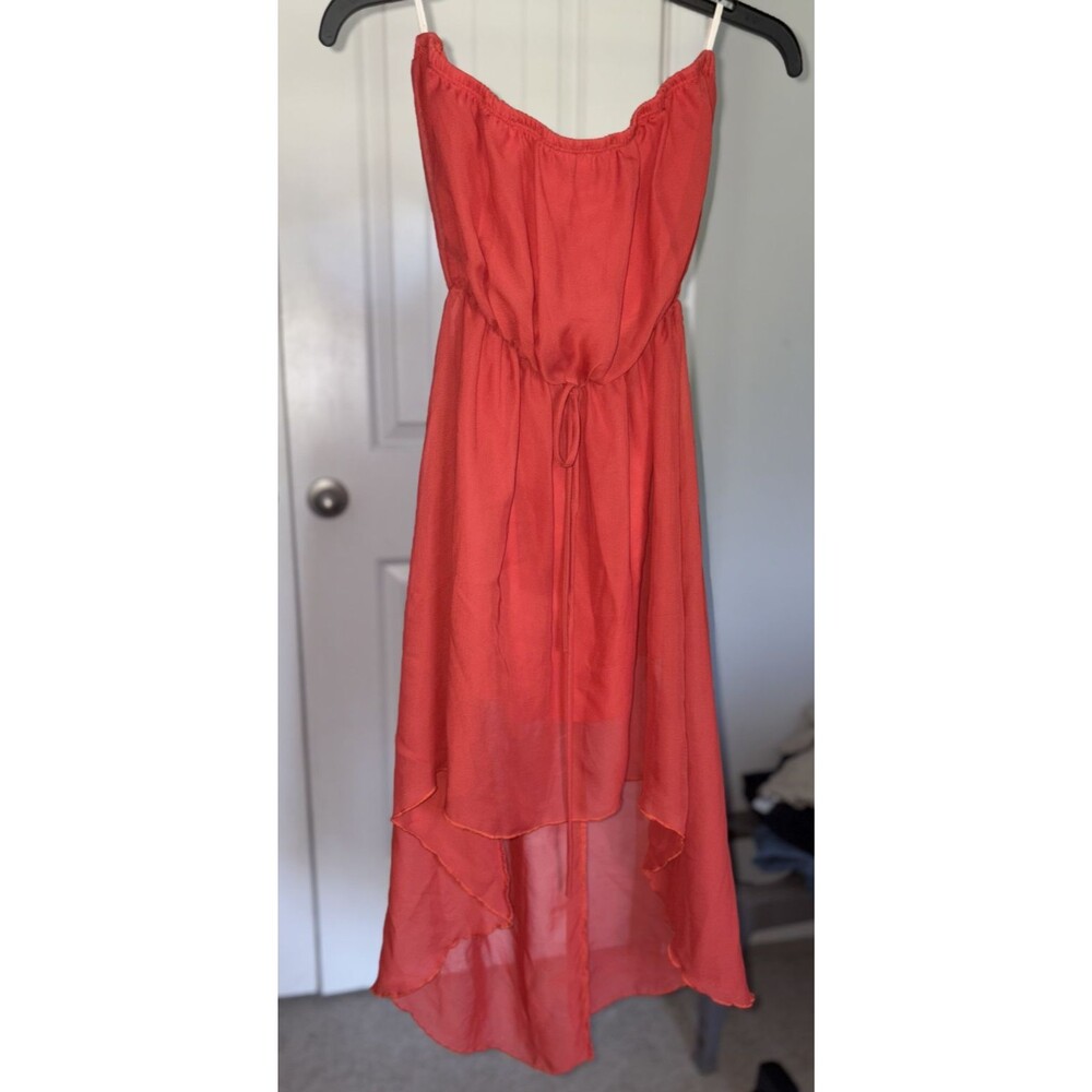 Chesley Women’s Medium Strapless Coral High Low Dress Sheer Overlay Lined